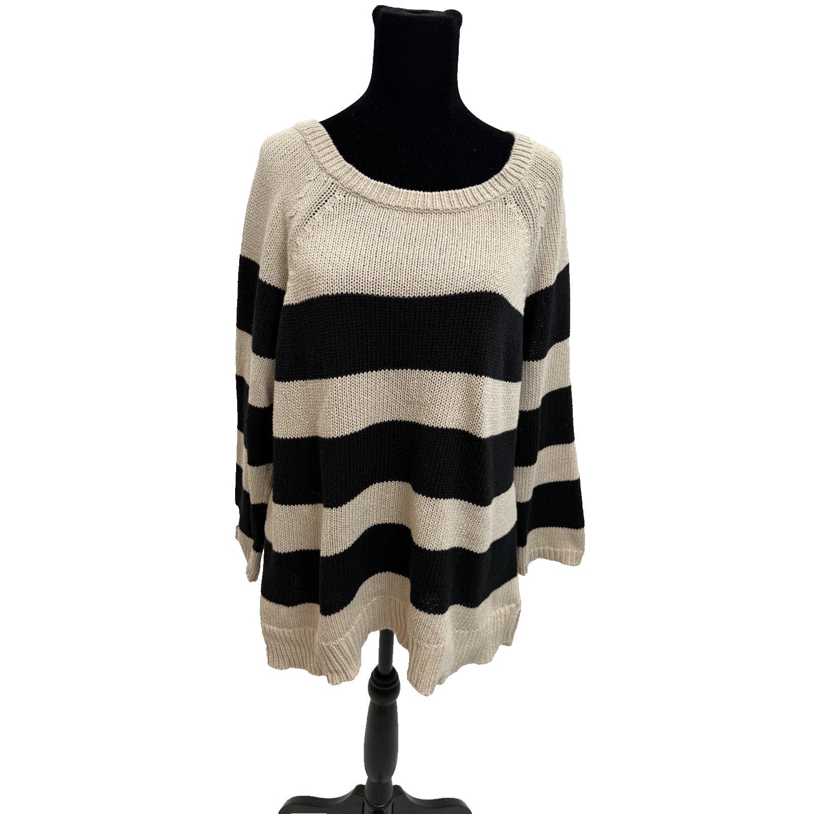 Womens Ann Taylor Striped Black/Ivory Tunic Cable Knit Sweater Size L