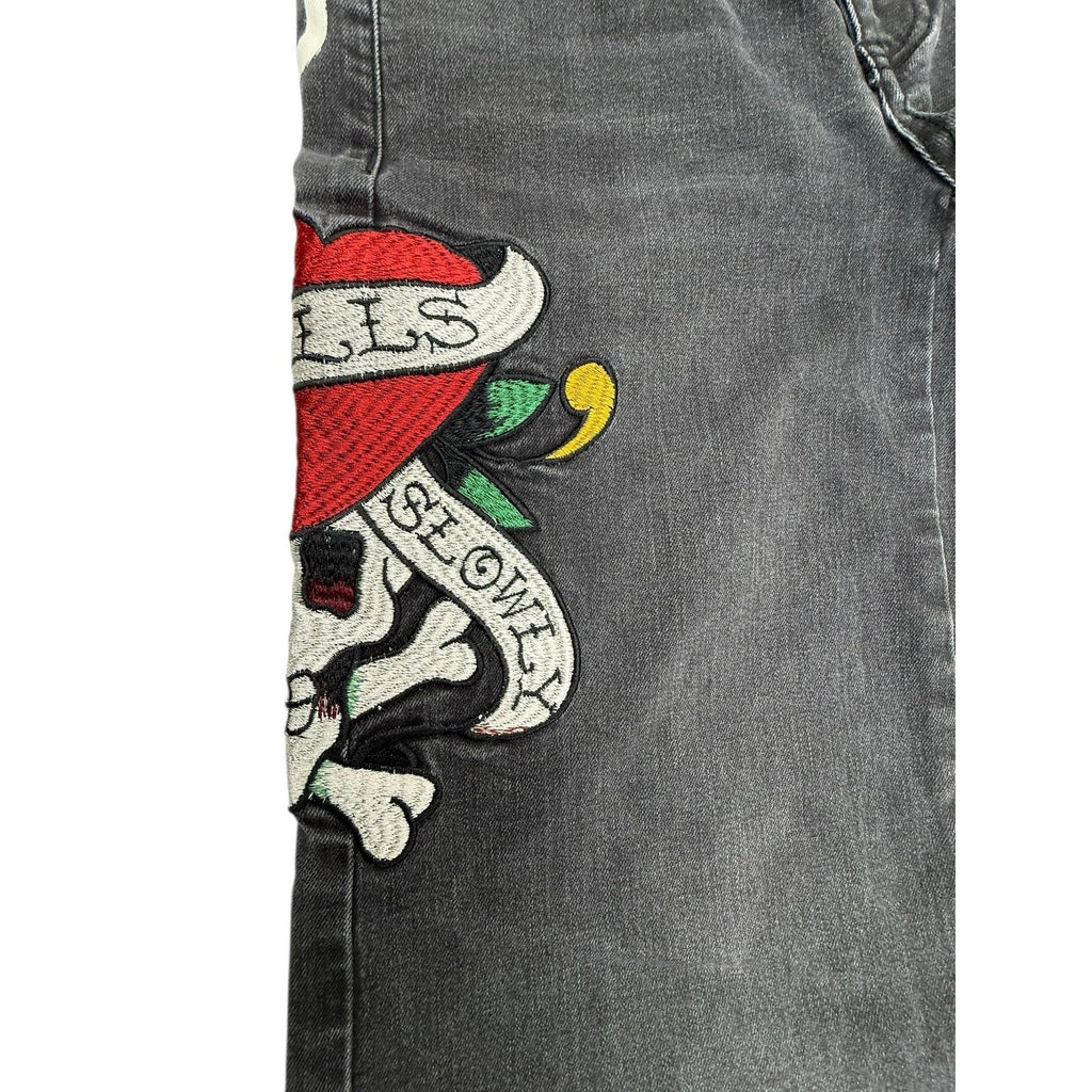 Ed Hardy Women's Size 24 Love Kills Slowly Embroidered Wide Leg Jeans in Faded B