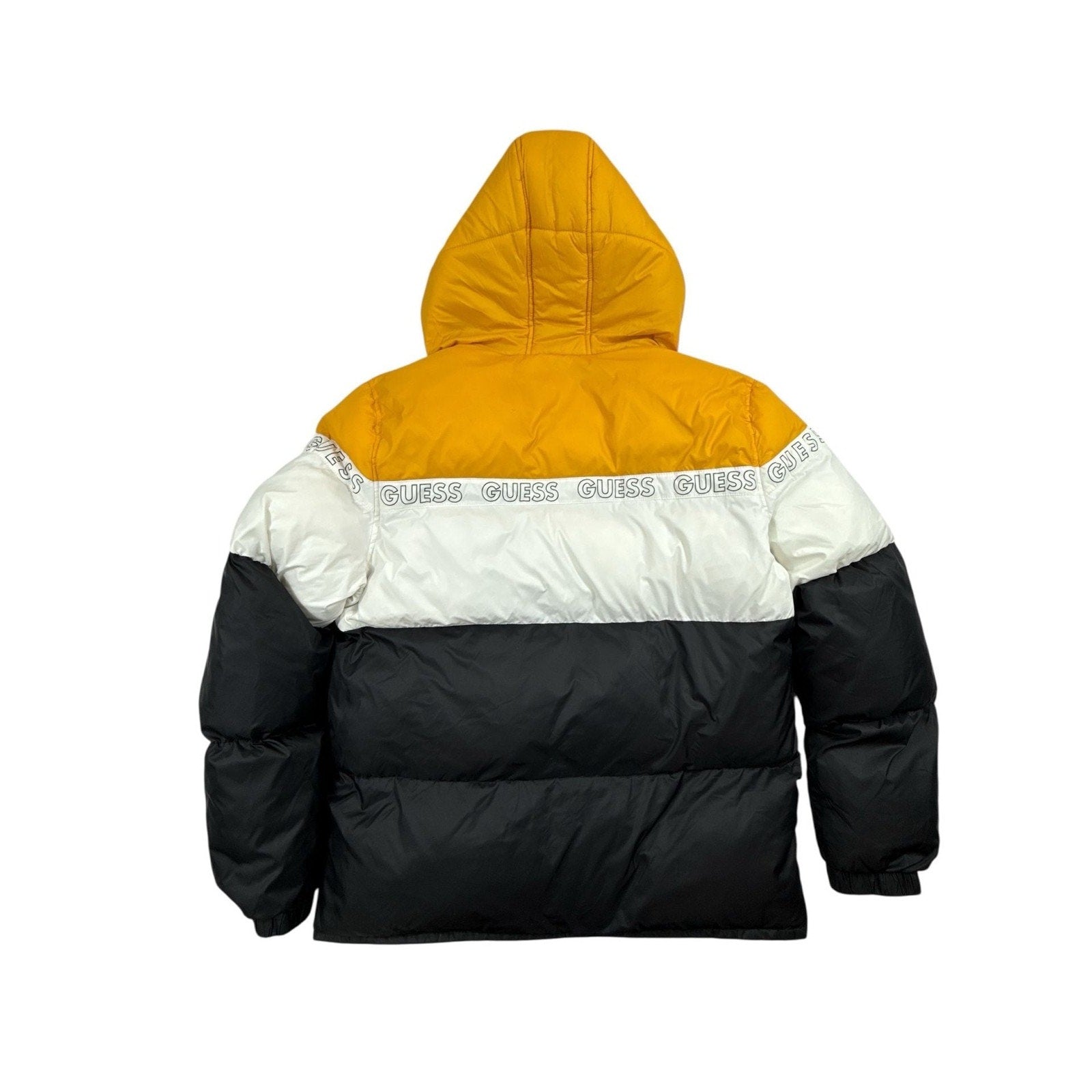 GUESS Men's Colorblock Spellout Logo Hooded Puffer Jacket size L