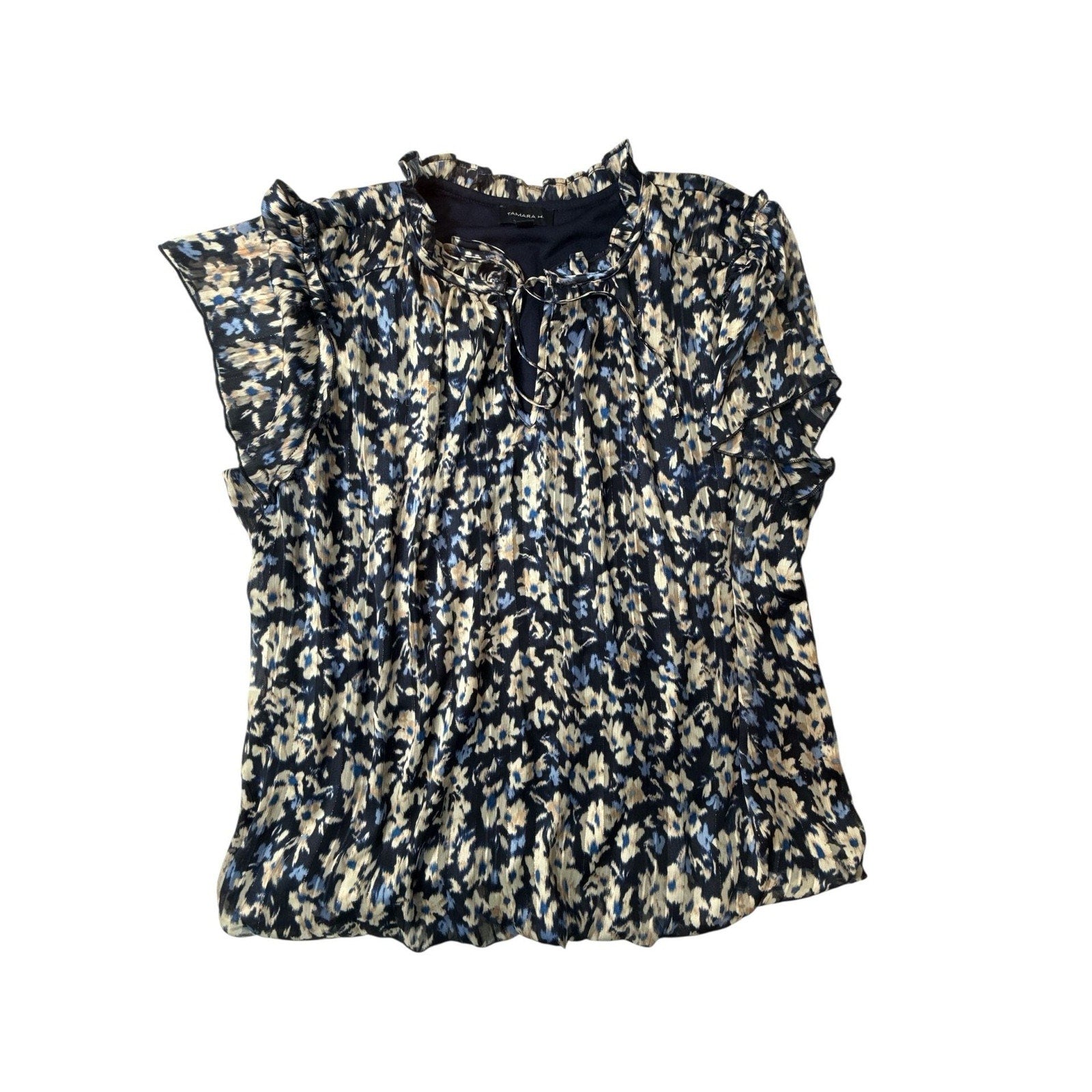 Tamara H Ruffle Cap Short Sleeve Blue Floral Blouse size 1X