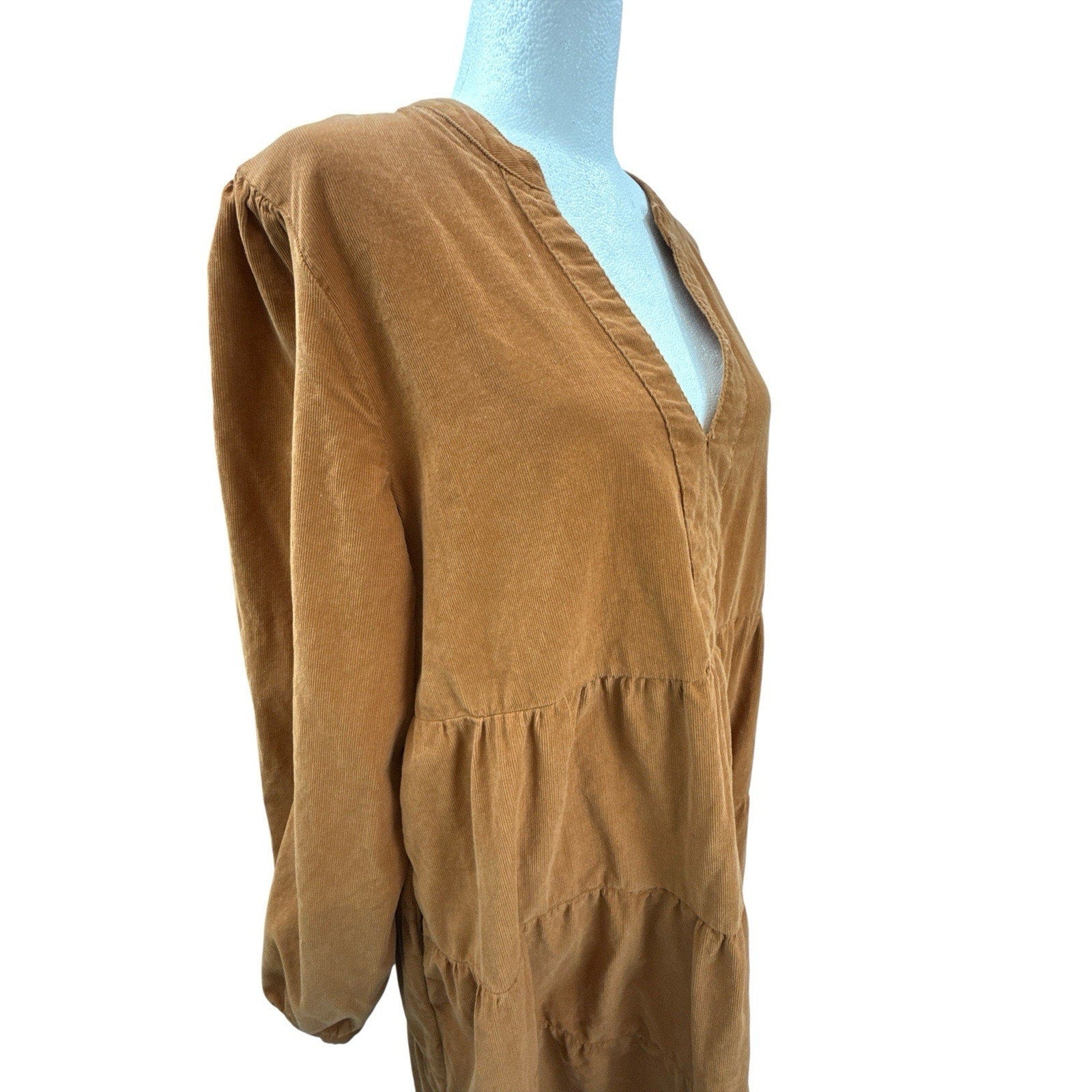 Lucky Brand Burnt Orange Brown Corduroy Long Sleeve Tiered Mini Dress Size L