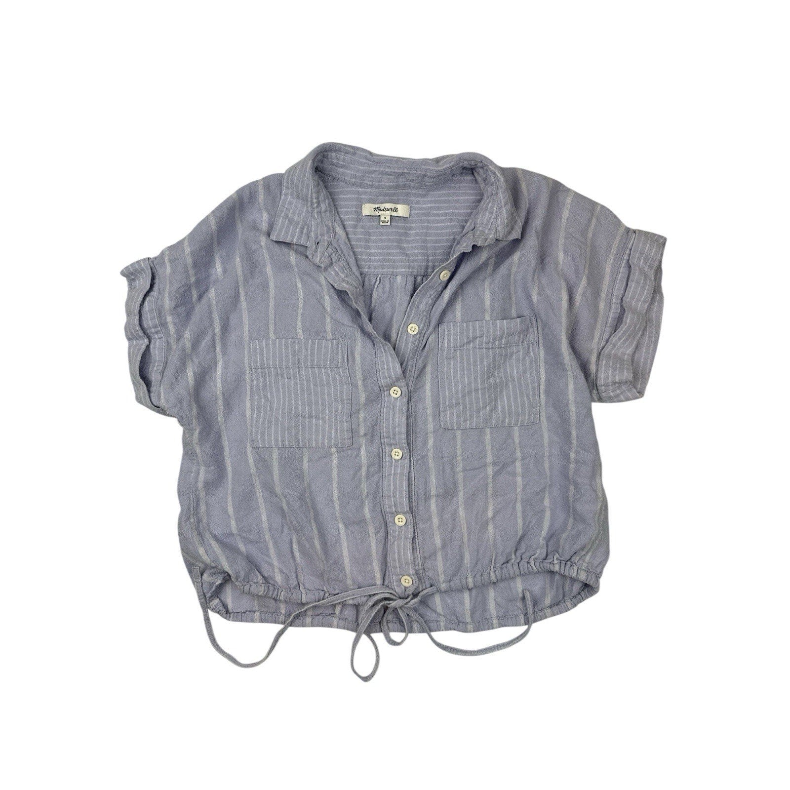 Madewell Linen-Blend Button-Up Drawstring Shirt in Stripe Distant Lavender S