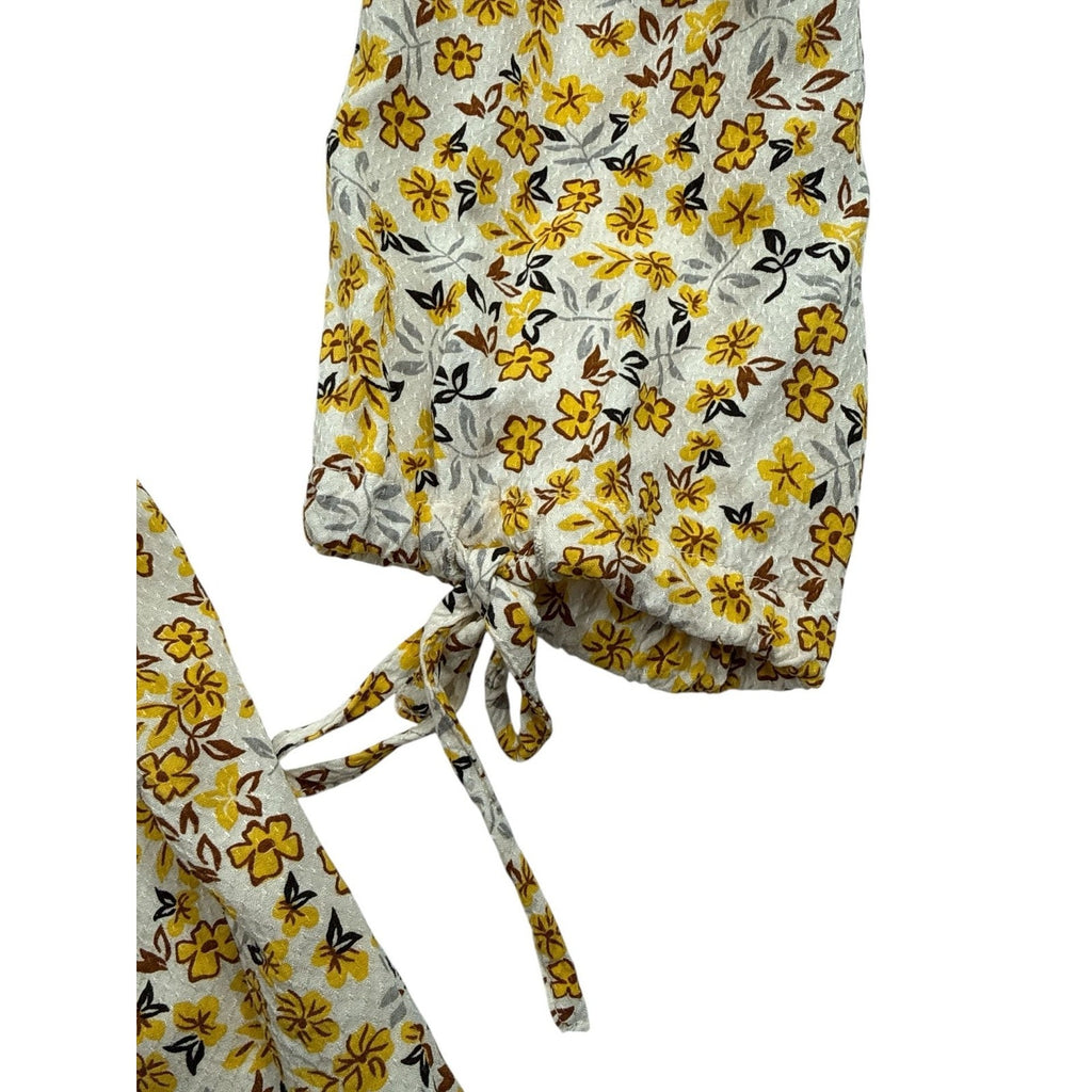 Lee Cooper London Yellow Floral Peplum Blouse with Tie Neck and Cuffed Sleeves X