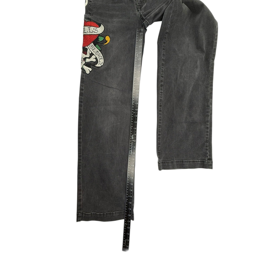 Ed Hardy Women's Size 24 Love Kills Slowly Embroidered Wide Leg Jeans in Faded B