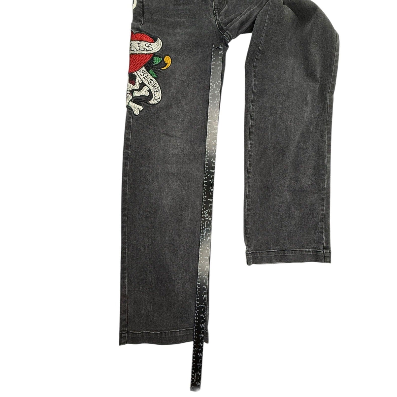 Ed Hardy Women's Size 24 Love Kills Slowly Embroidered Wide Leg Jeans in Faded B