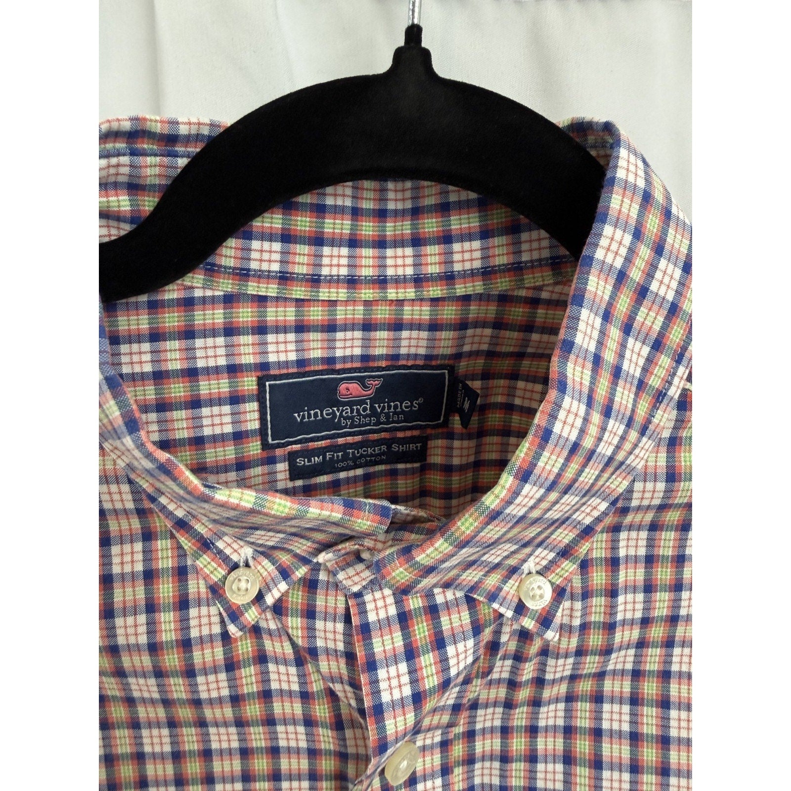Mens Vineyard Vines Slim Fit Tucker Shirt Blue Pink Green White Plaid M Cotton