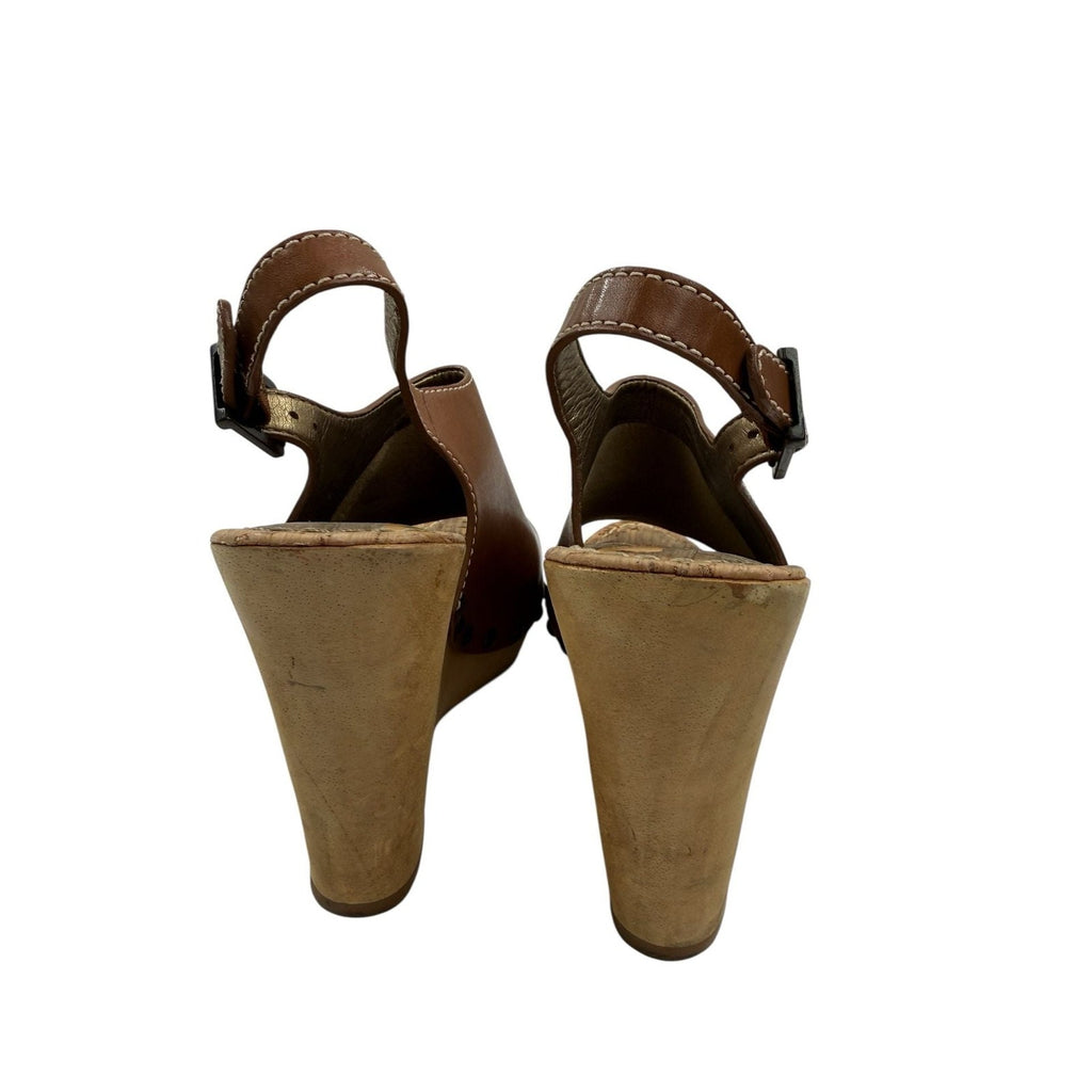 Sam Edelman Camilla Brown Leather Wooden Platform Wedge Slingback Sandals 7.5