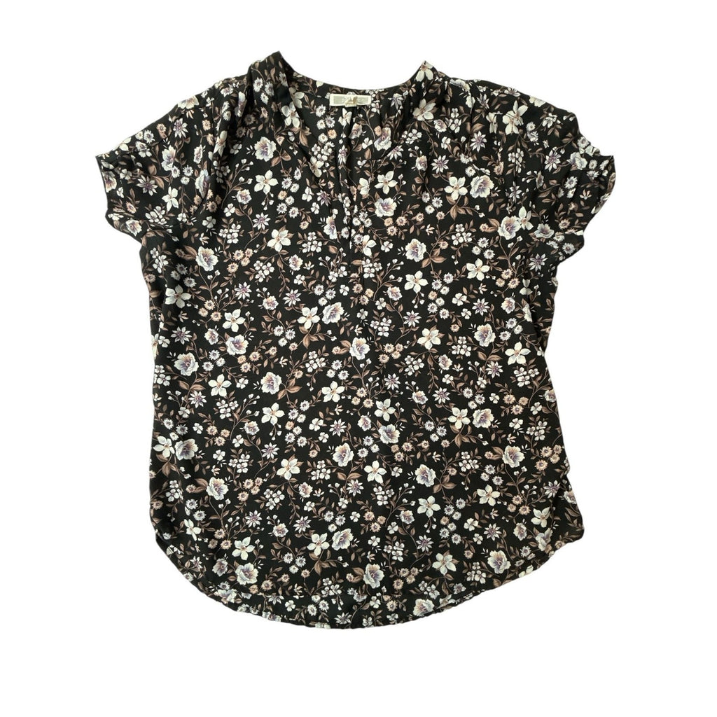 Pleione Women's Large Black Floral Short Sleeve V-Neck Blouse Top L
