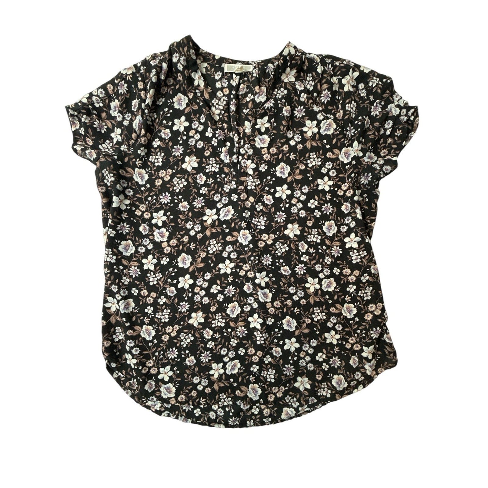 Pleione Women's Large Black Floral Short Sleeve V-Neck Blouse Top L