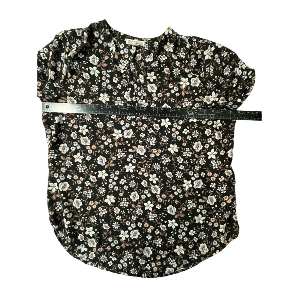 Pleione Women's Large Black Floral Short Sleeve V-Neck Blouse Top L