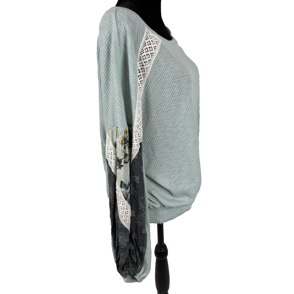Free People Casual Clash Balloon Sleeve Mint Green Boho Blouse Size M