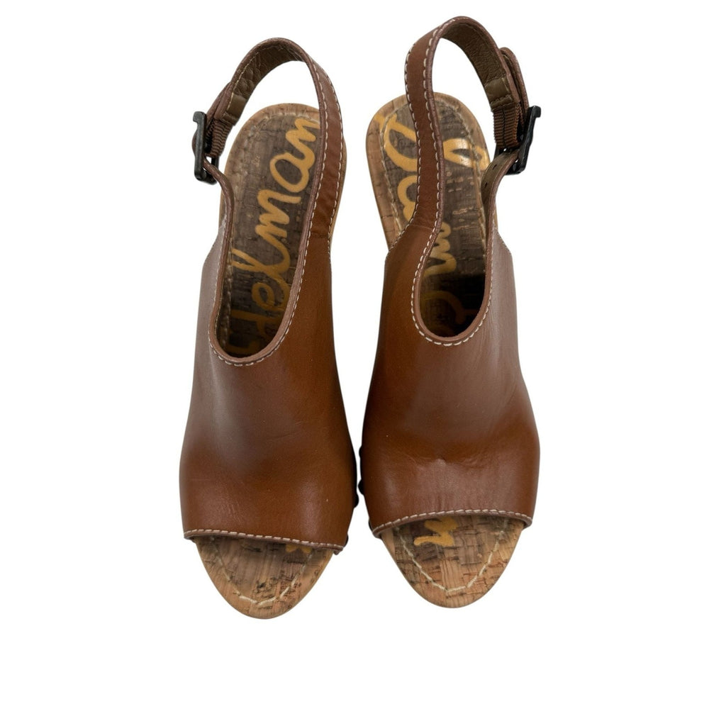 Sam Edelman Camilla Brown Leather Wooden Platform Wedge Slingback Sandals 7.5