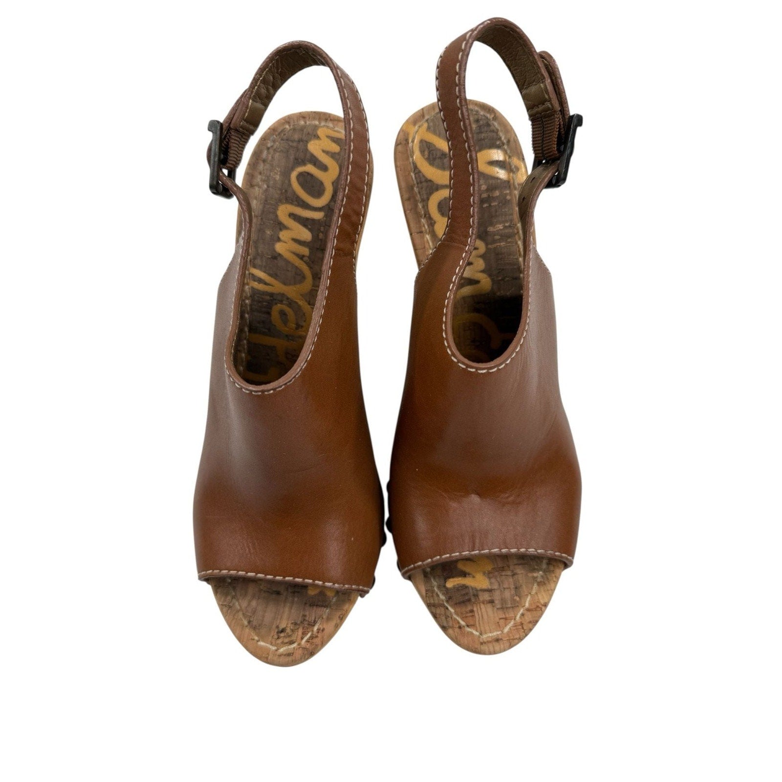 Sam Edelman Camilla Brown Leather Wooden Platform Wedge Slingback Sandals 7.5