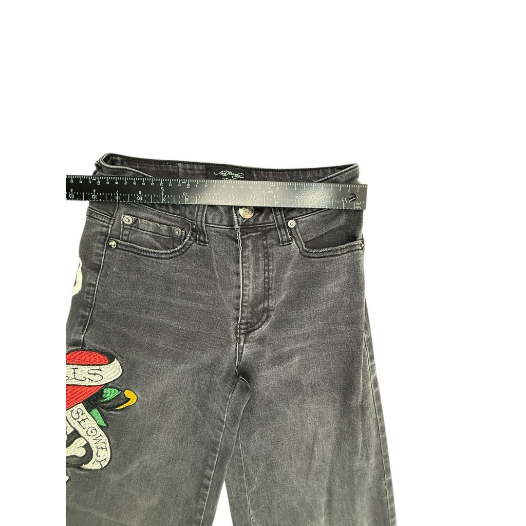 Ed Hardy Women's Size 24 Love Kills Slowly Embroidered Wide Leg Jeans in Faded B