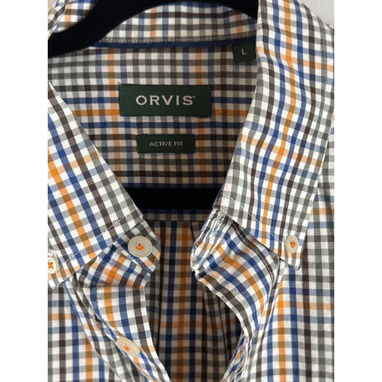 Mens Orvis Blue/Orange/White Plaid Button Shirt Size L