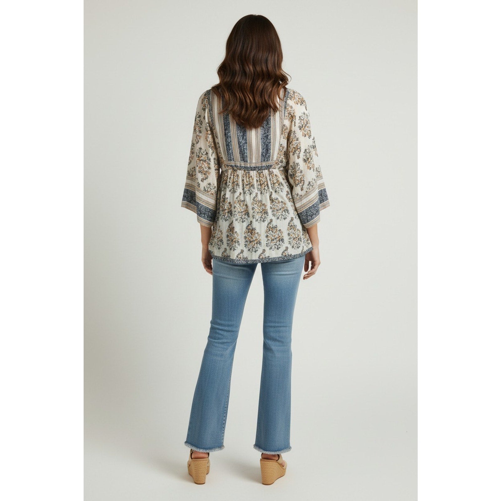 Lucky Brand Orange/Blue Floral Tunic Blouse Shirt 3/4 Sleeve Size M