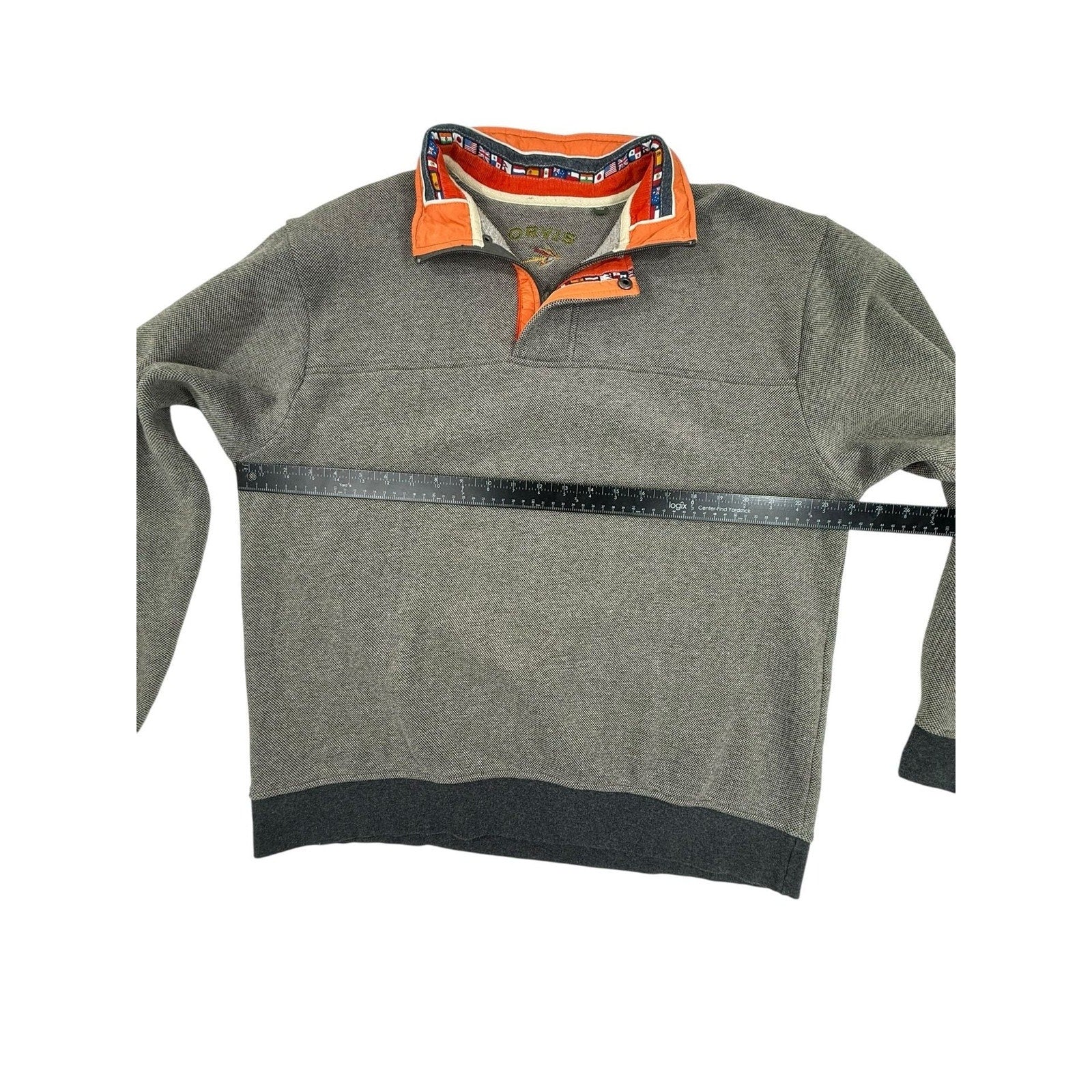 Orvis Men's Gray Waffle Knit 1/4 Zip Pullover with World Flags Collar size L