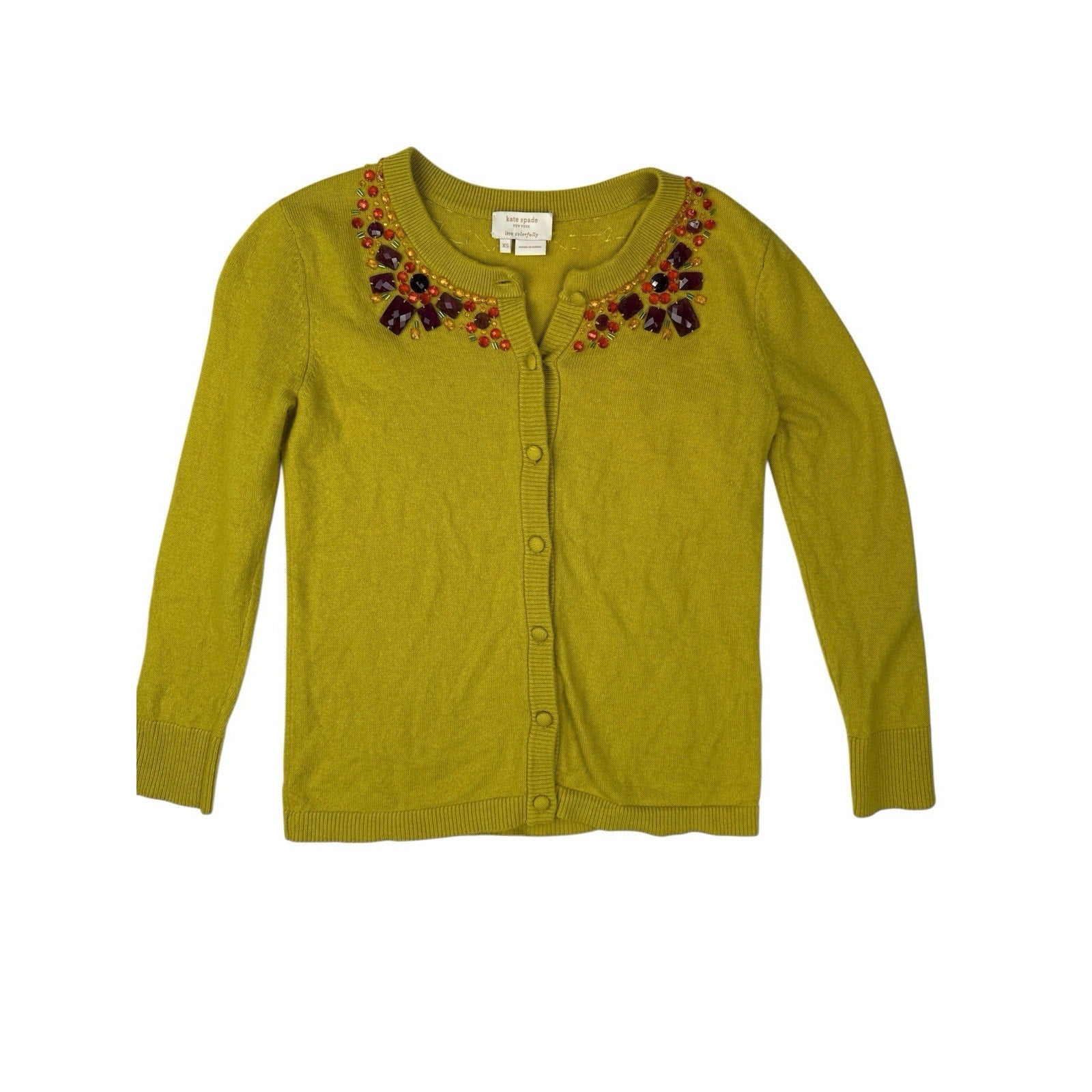 Kate Spade Cashmere Cardigan 3/4 Sleeve Jeweled Lime Green Yellow Size XS