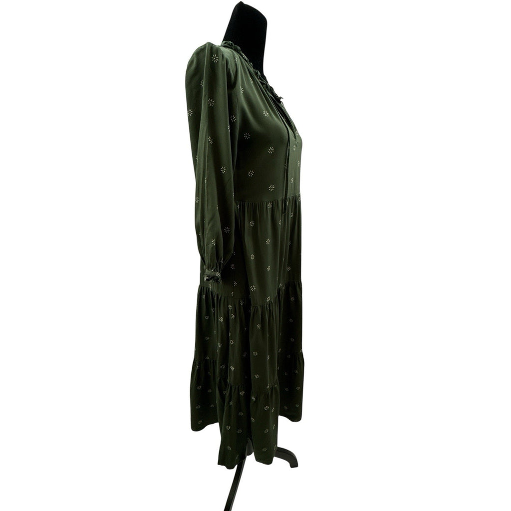 MADEWELL Tie-Neck Tiered Swingy Midi Dress Stardot Dark Forest SZ XS
