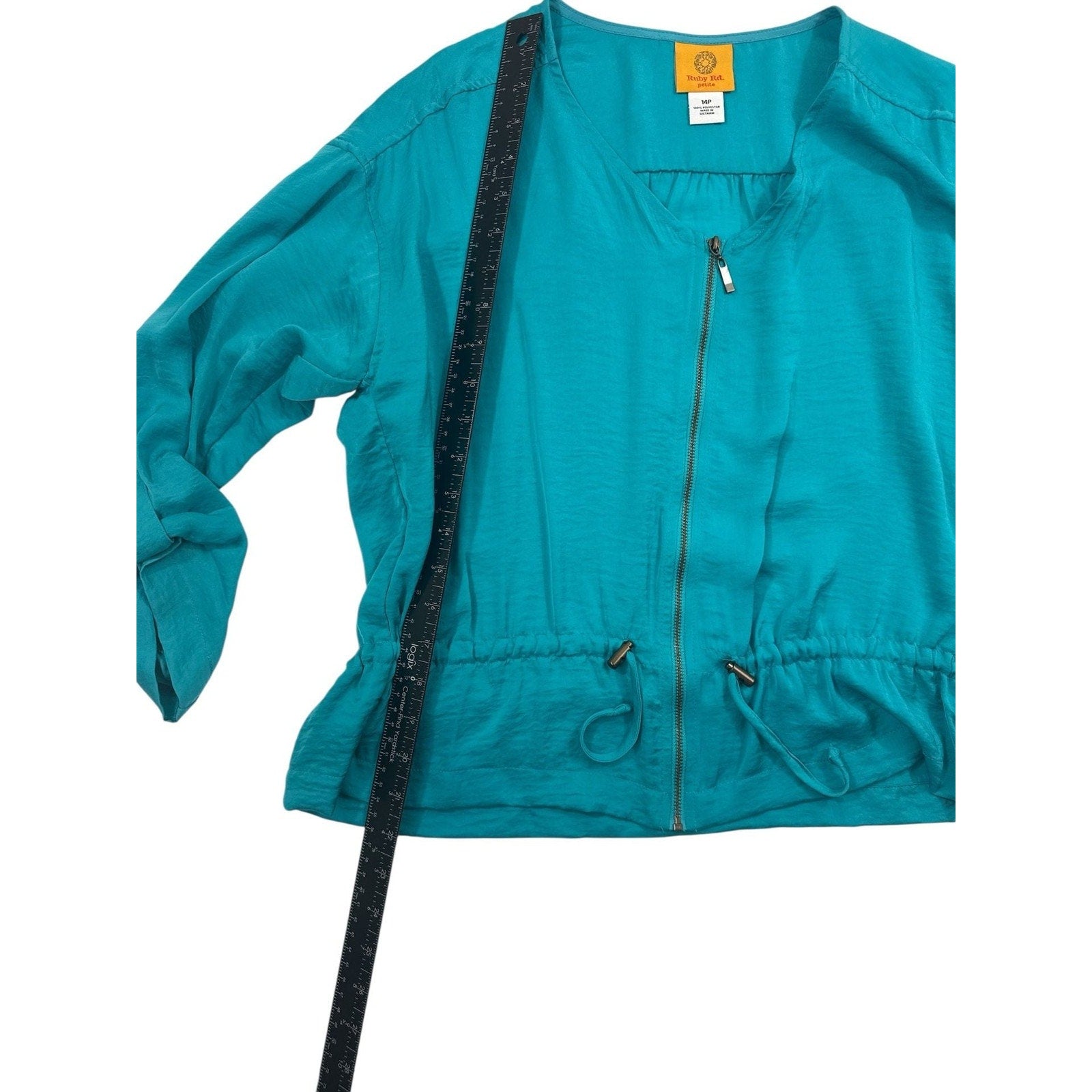 Ruby Rd. Petite Turquoise Full Zip Drawstring Waist Roll Tab Blouse Jacket