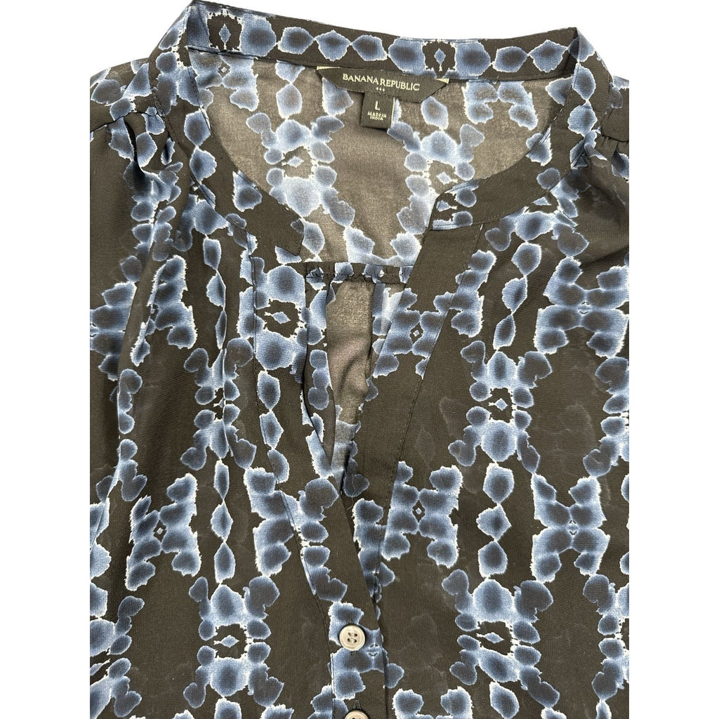 Banana Republic Sheer Black and Blue Geometric Print Cap Sleeve Blouse