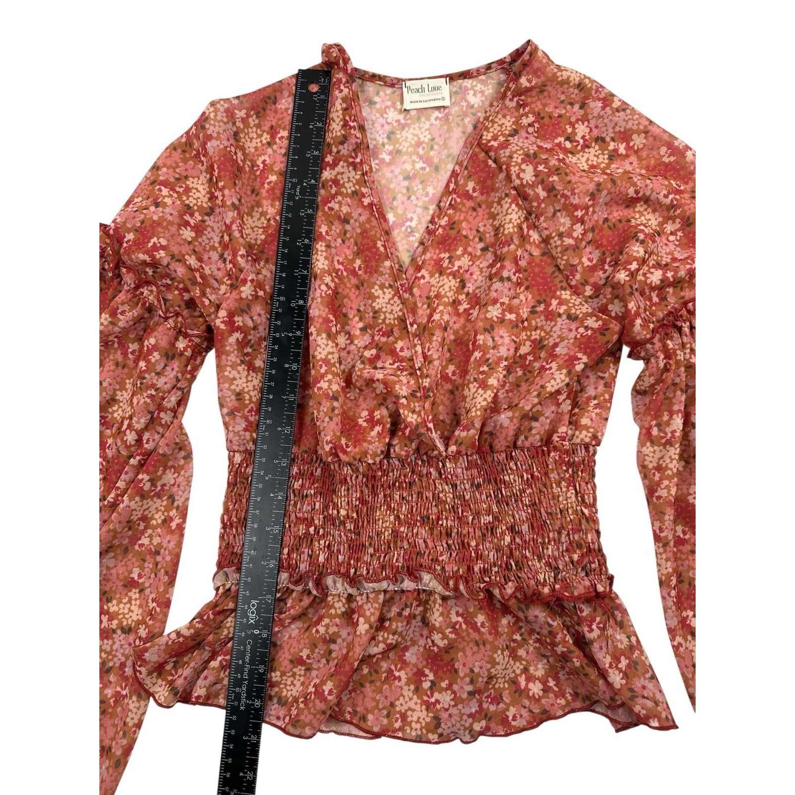 Peach Love California Floral Smocked Waist Bell Sleeve Wrap Blouse