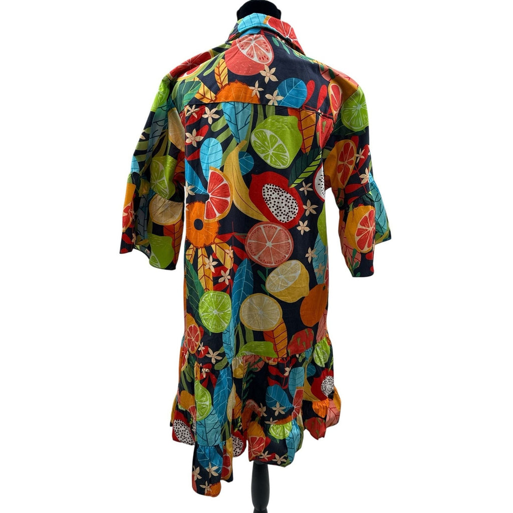 Maude Vivante 100% Cotton Tropical Fruit Print Tiered Shirt Dress